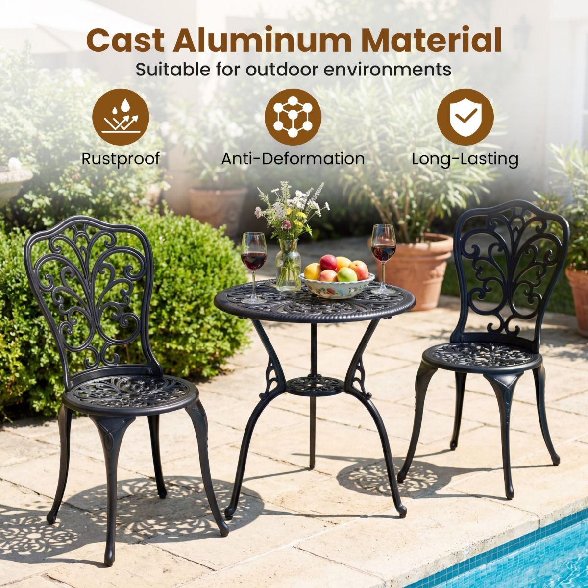 Ensemble de bistrot Coast 3 pièces - aluminium moulé - trou pour parasol - dossiers en forme de papillon - noir