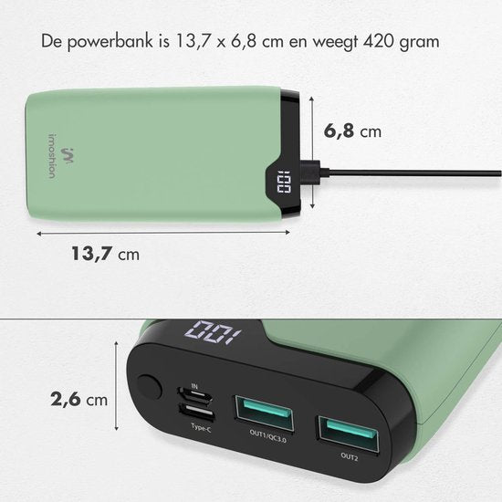 Batterie externe - imoshion - 20000 mAh - Chargeur rapide 22,5W - USB C & USB A - Convient pour iPhone et Samsung - Vert clair