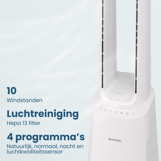 Ventilateur colonne Auronic - Modèle sans pales 2 en 1 - Purificateur d'air avec filtre HEPA - Ventilateur - 10 vitesses - Télécommande - 105 cm - Blanc