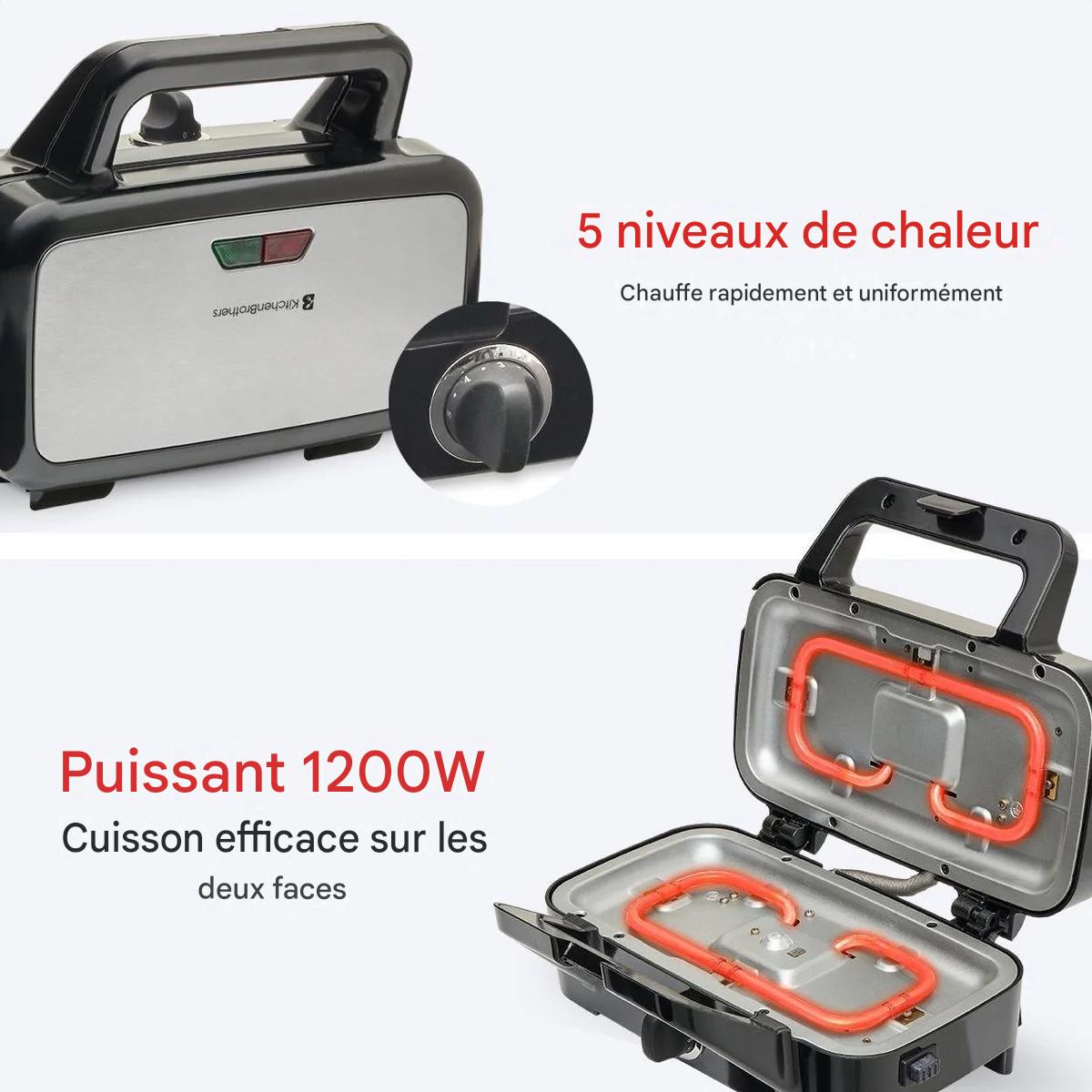 Appareil multifonction 3-en-1 KitchenBrothers  - Gaufrier/Grill/Croque monsieur - Plaques interchangeables - acier inoxydable