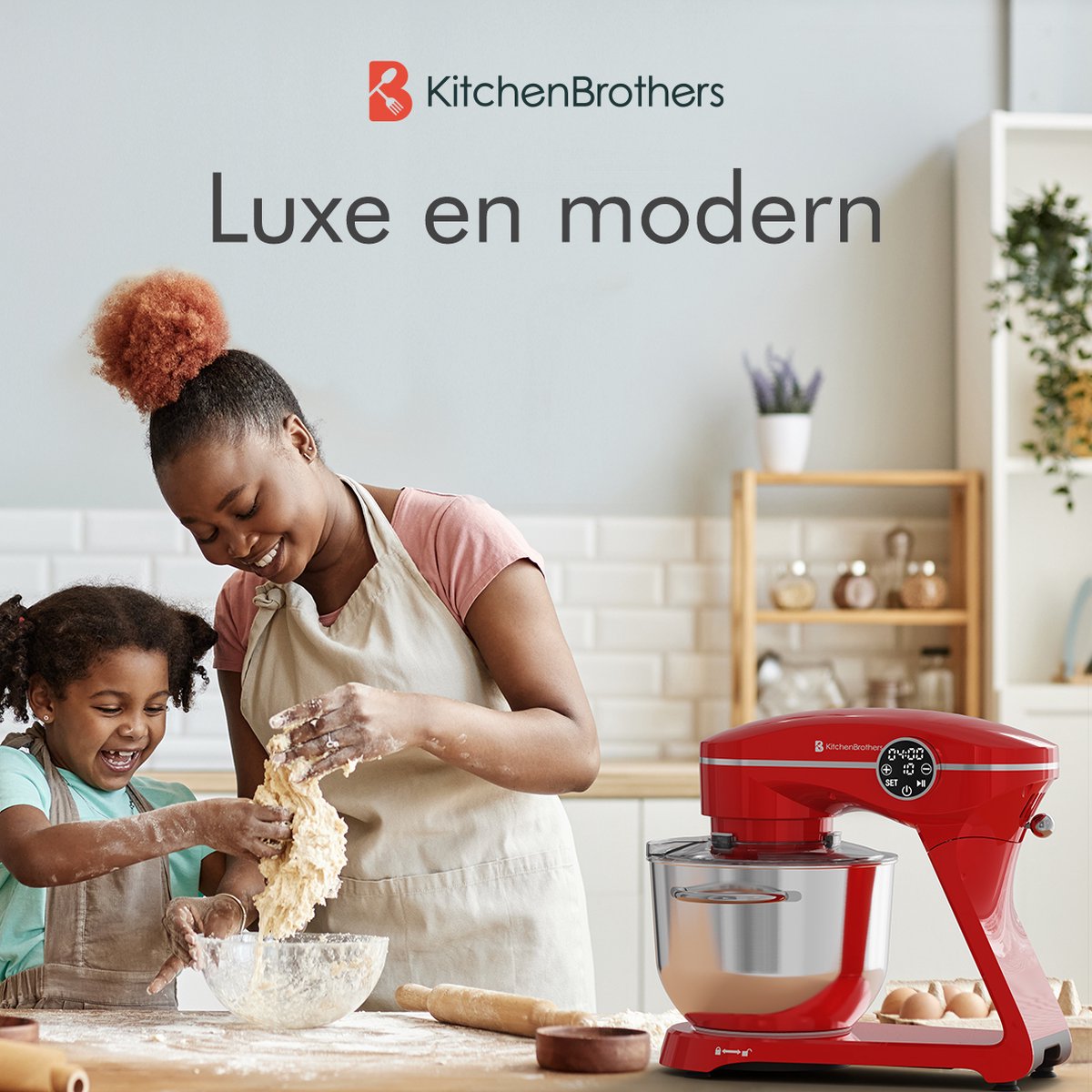 KitchenBrothers Robot de cuisine - Affichage tactile et minuterie - Robot de cuisine - 6L - 1800W - Aluminium - Rouge