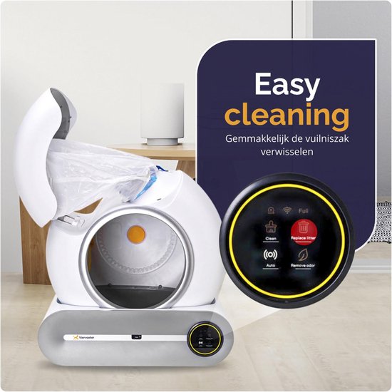 Litière automatique pour chat Viervoeter – Autonettoyante – Contrôle via une application – avec tapis et 3 rouleaux de sacs de ramassage – 65 L