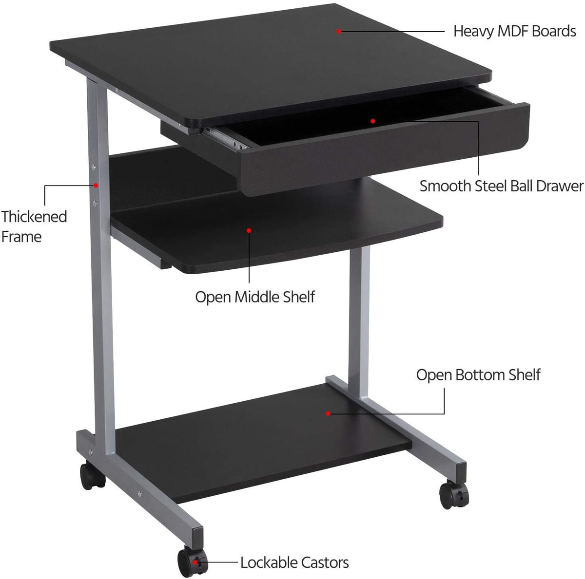 Petit bureau d'ordinateur portable Yaheetech 56 x 51 x 80 cm - Noir - avec roulettes