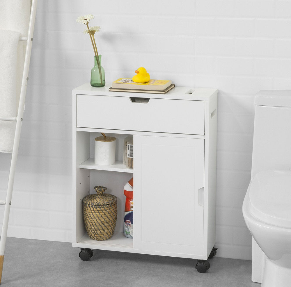 SoBuy BZR31-W Meuble de salle de bains avec 2 portes coulissantes et un tiroir - avec roulettes - 67 x 52 x 17 cm - blanc