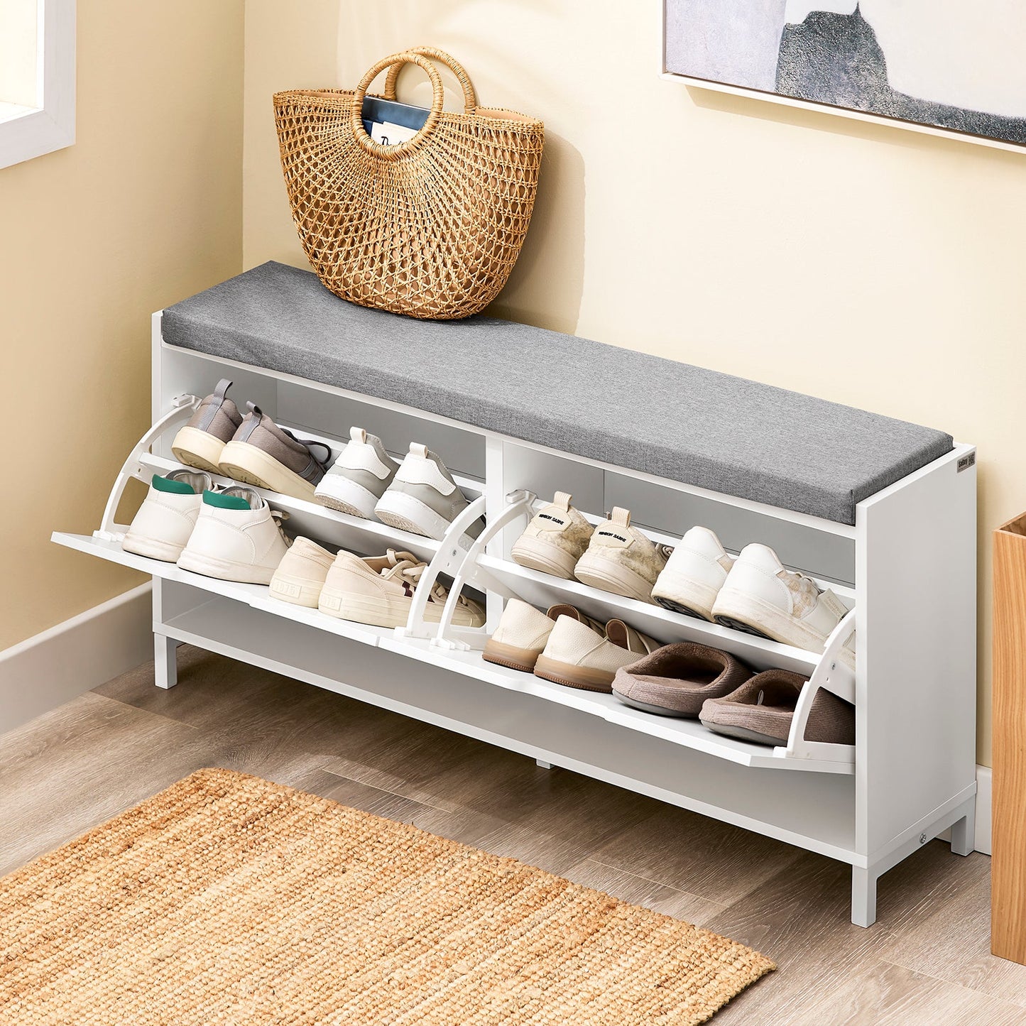 sobuy meuble à chaussures banc à chaussures FSR151-L-W - 105 x 24 x 52 cm - blanc avec coussin gris