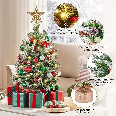 Mini sapins de Noël artificiels Yaheetech 61 cm - Lot de 2 - Neige - Éclairage LED