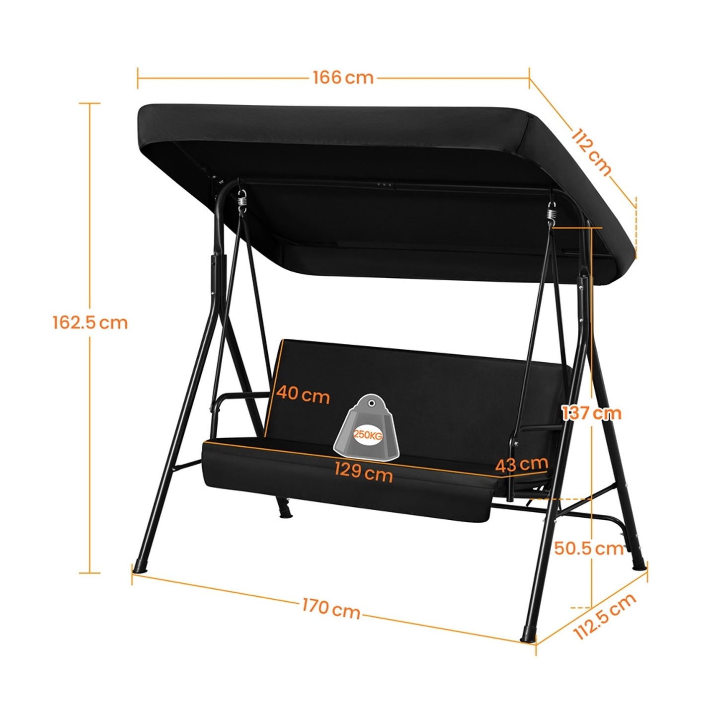 Balançoire Hollywood 3 places Yaheetech avec pare-soleil réglable - 170 x 112,5 x 162,5 cm - Noir