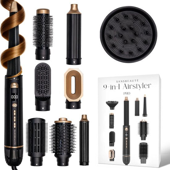 Sansbeauté® 9-in-1 Airstyler with Diffuser - Multistyler - Brosse sèche-cheveux cheveux courts - Boucleur - Styler les cheveux - Sèche-cheveux - Brosse chauffante - Brosse à boucler - Fer à boucler - Lisseur de cheveux - Brosse de coiffure - 5 en 1 Hairst