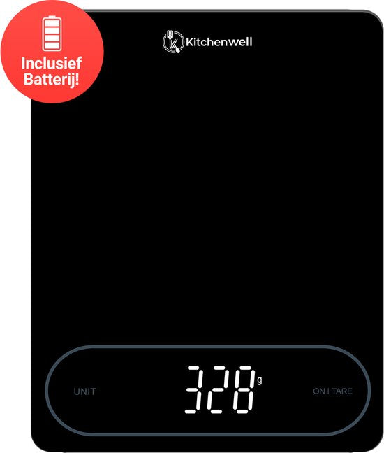 Balance de cuisine numérique de précision Kitchenwell – Balance de cuisine – 1 g – 12 kg – Fonction tare – Piles – Noir