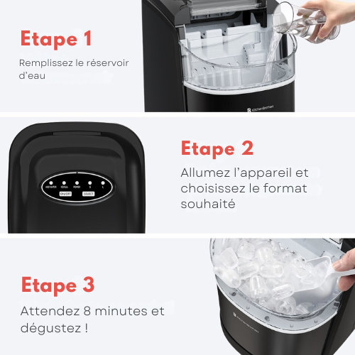 Machine à glaçons 1.6L avec pelle à glace KitchenBrothers 12kg/24h, acier inoxydable