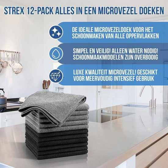 Strex Microfibre Wipes - 12 pièces 30 x 30 cm - Lavable - Lingettes nettoyantes - Nettoyage / Voiture