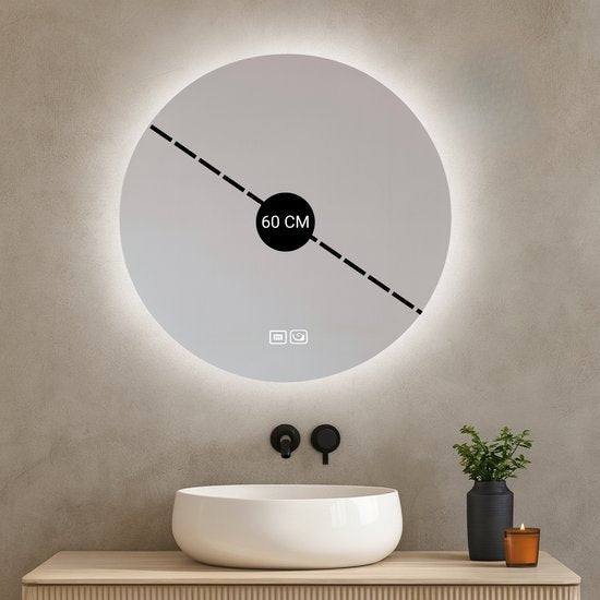 Bayt Miroir de salle de bain - Miroir de salle de bain avec éclairage - Miroir rond 60ø cm - Miroir de salle de bain avec chauffage - Miroir mural - Dimmable - Anti-buée