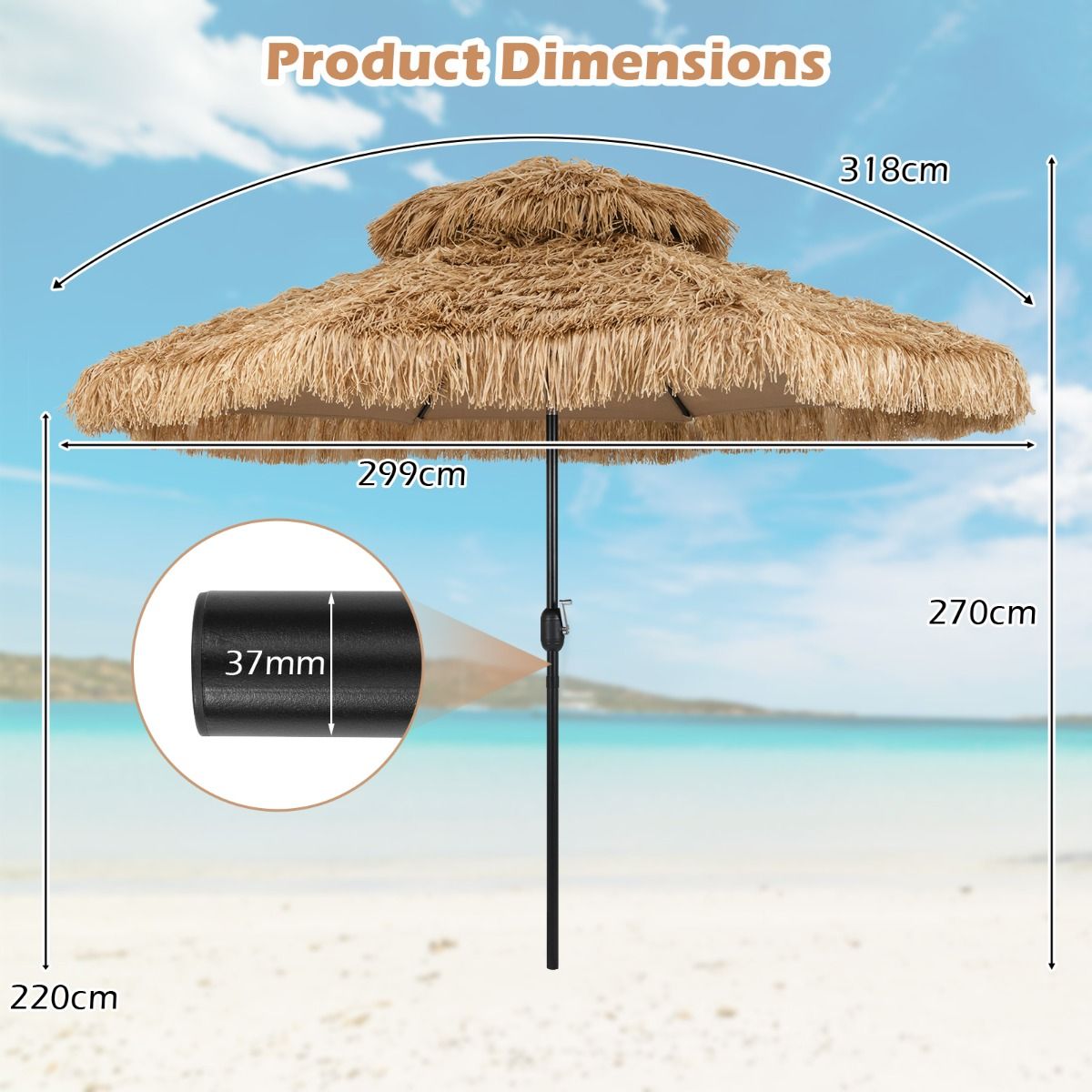 Coast 299 cm Tiki Parasol Hawaii Double Deck Market Parasol - Natural/Black, Ø 299 cm x 270 cm High