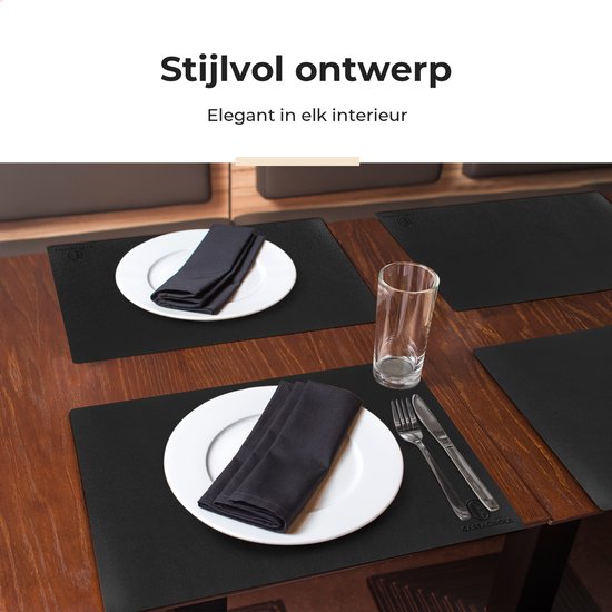 Sets de table Castagnola aspect cuir - Sets de table antidérapants en cuir artificiel - Sous-verre hydrofuge - Sous-verre - Sets de table en plastique - 6 pièces - 45 x 30 cm - Noir