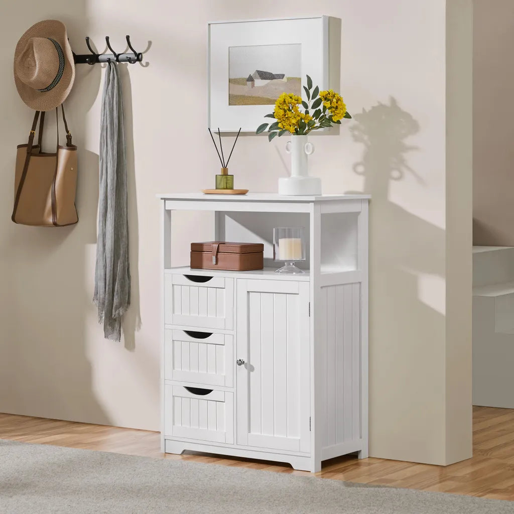 Armoire de salle de bains Yaheetech 66 x 35 x 90 cm - Blanche - Armoire de rangement en bois avec 3 tiroirs et une étagère réglable