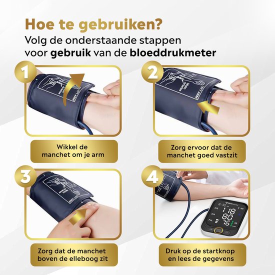 MostEssential Moniteur de pression artérielle au bras - Moniteur de fréquence cardiaque - Mémoire de 398 lectures - Câble USB-C inclus - 30S