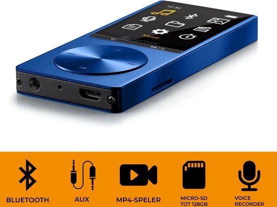 Denver Lecteur MP3 / MP4 - Bluetooth - USB - Shuffle - jusqu'à 128 Go - Ecouteurs inclus - Enregistreur vocal - Dicataphone - MP1820 - Bleu