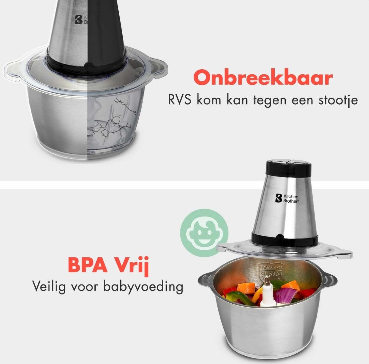 KitchenBrothers Hachoir électrique - 2 vitesses - 300 W - 1.8 L - Bol en acier inoxydable