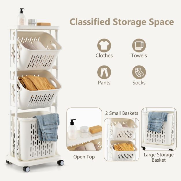 Coast Panier à linge avec 3 paniers - blanc - PP + Métal - Max.35 kg - 40x30x112 cm