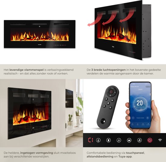 tectake® Wall Fireplace - Cheminée électrique - Atmosphere Fireplace - 106.5 x 12 x 43 cm - 900W & 1800W - Contrôlé par télécommande ou application - avec thermostat - Poêle - avec chauffage - Cheminées - Effets de bois et de lueur - Flammes 3D - Minuteur