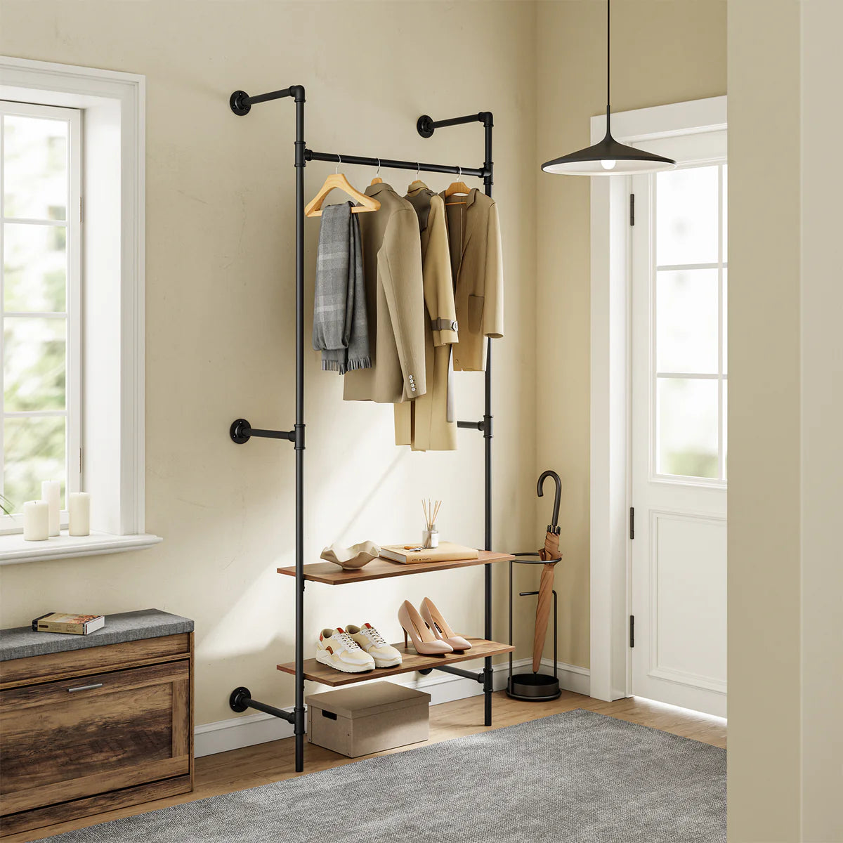 SoBuy KLS20-SCH : porte-vêtements mural compact avec 2 étagères en MDF - Noir industriel - 91,5 x 48 x 220 cm
