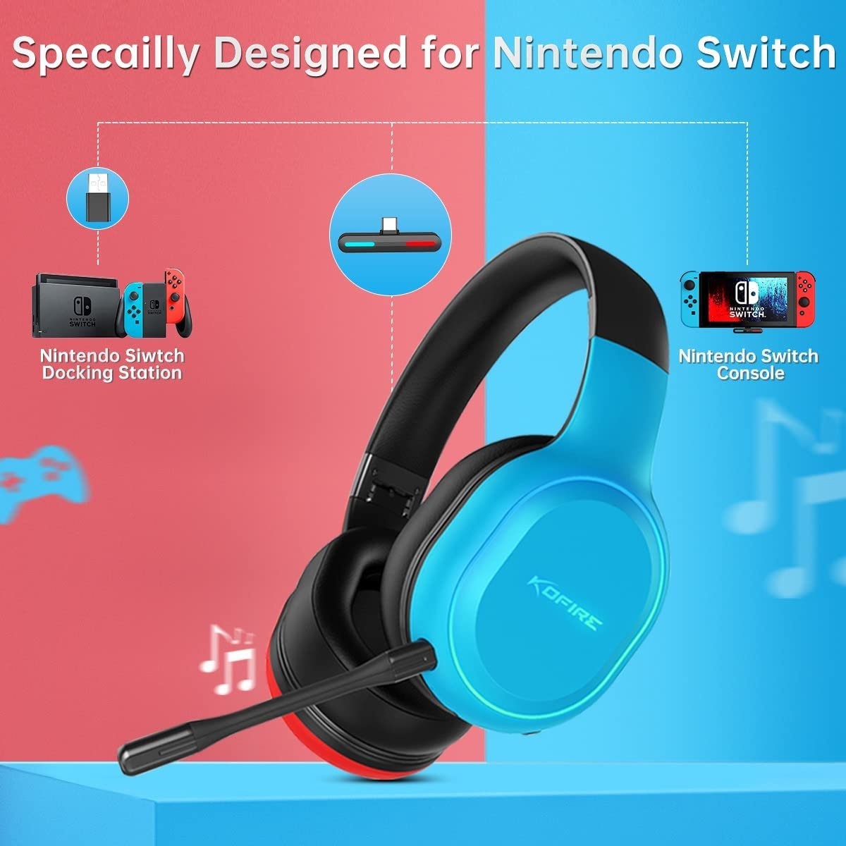 Kofire UT-01 2.4GHz Draadloze Gaming Headset - Over ear koptelefoon - met microfoon - Geschikt voor PS4/PS5, Nintendo Switch