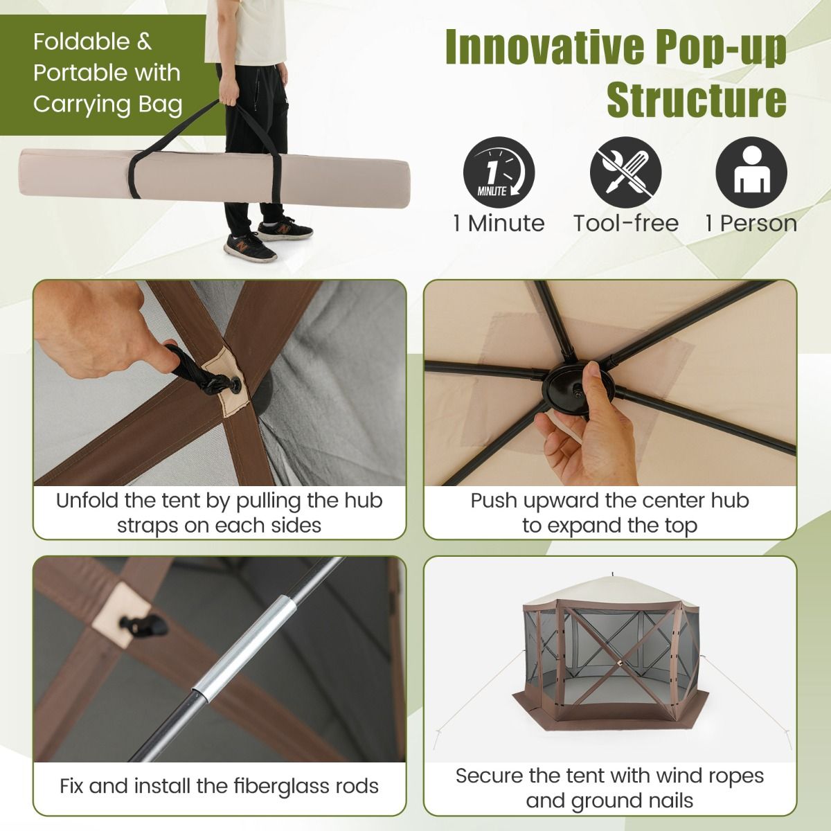 Coast - Pavillon à ouverture instantanée - 6 côtés, parois en maille et auvent - 350 x 350 cm - polyester/acier - café