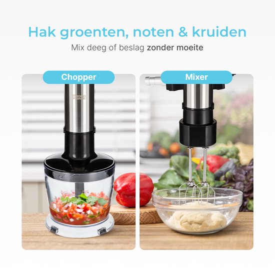 Goodforce 7 piece Hand blender set - Includes Chopper, whisk, milk moussether, beater & Measuring cup - powerful & dishwasher safe - 12 speeds + turbo function - 1000W - PFAS-free