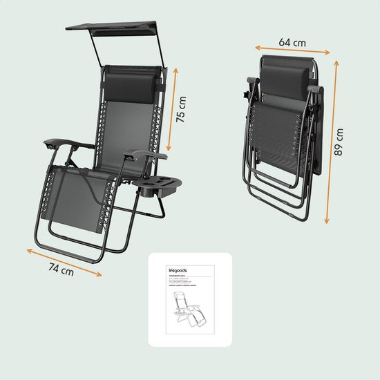 LifeGoods Chaise de jardin pliable - parasol réglable - chaise longue de jardin - 30°-90° réglable - métal - noir