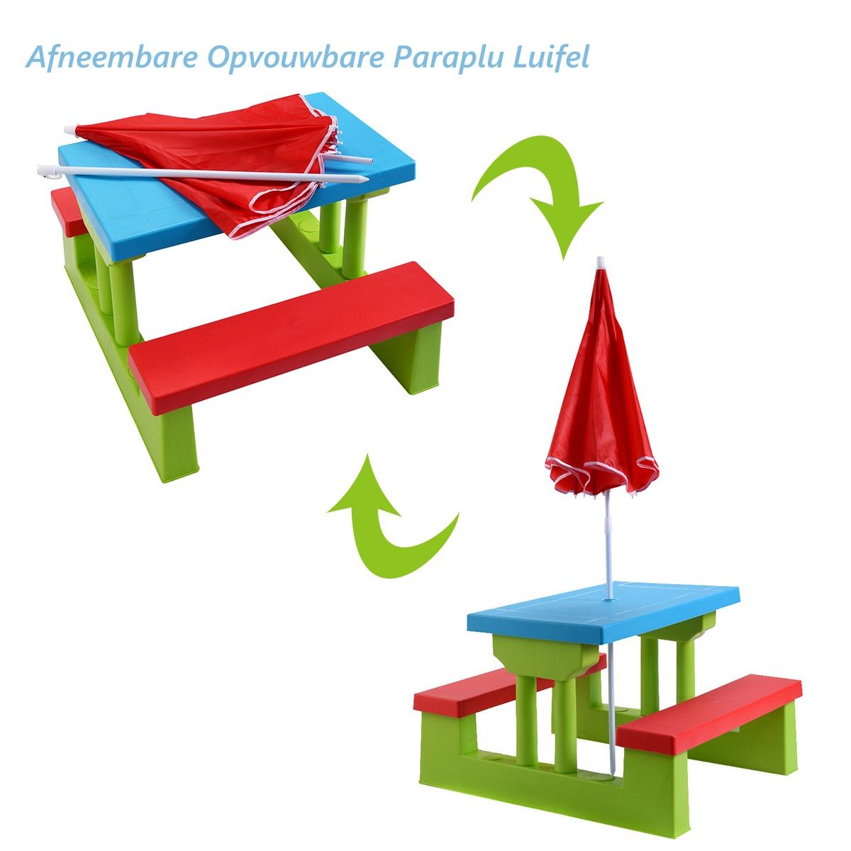 Coast Table de pique-nique pour enfants - Avec parasol - 2 bancs - Max. 50 kg - 67 x 41 x 47 cm - Rouge / Bleu / Vert