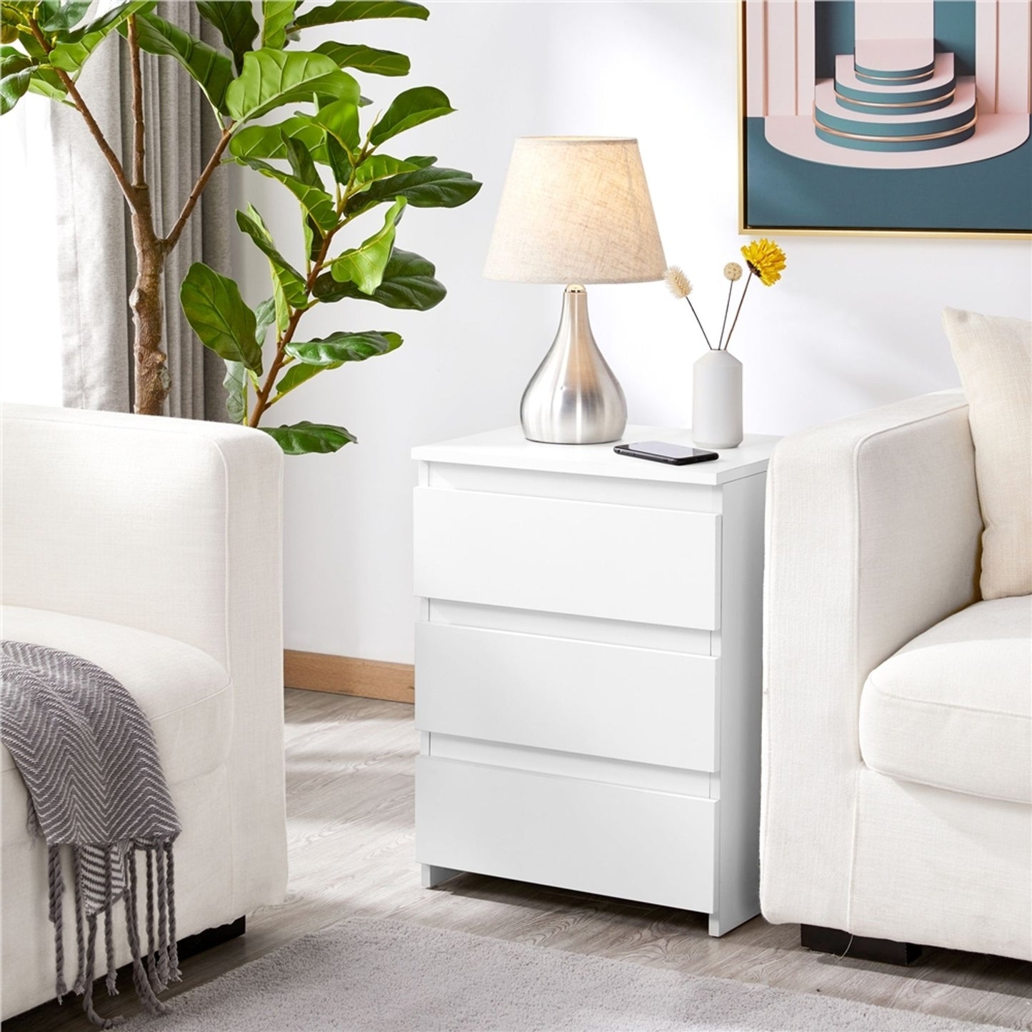 Yaheetech Table de chevet avec 3 tiroirs - Blanc - 45.5 x 35.5 x 60.5 cm