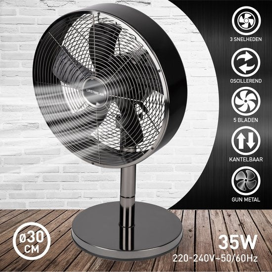 Ventilateur de table Lifetime Air - 230V - Ventilateur de bureau 30CM - 3 vitesses - Fonction oscillante - Inclinaison - Noir