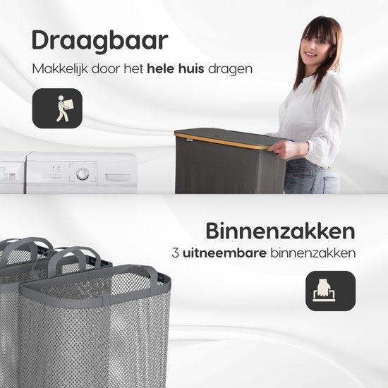 Panier à linge Dymac, 145 Litres, 3 compartiments, Trieur de linge en bambou, Avec 3 sacs à linge amovibles, Gris