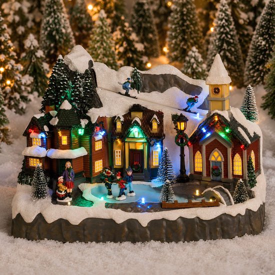 Luville Village de Noël miniature - Place du village - Décoration de Noël avec des habitants qui patinent - Décoration de Noël avec éclairage LED et figurines tournantes - L 34 x l 18 x H 24 cm - Blanc