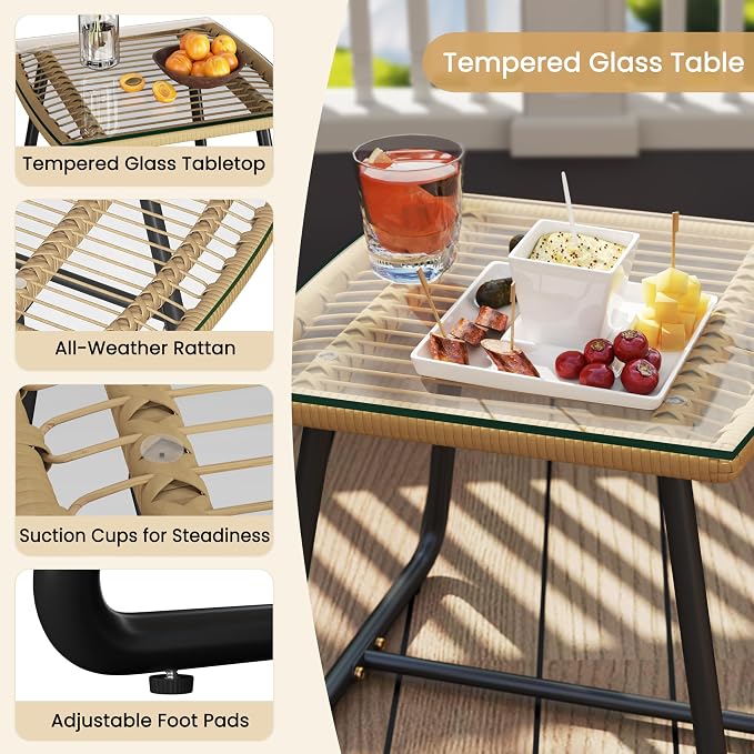 Ensemble de jardin Yaheetech 3 pièces style bistrot - Beige/Noir - Ensemble de jardin en rotin avec table en verre et 2 chaises