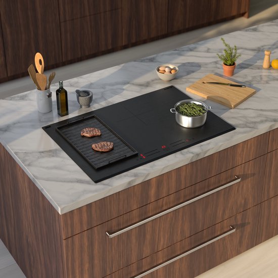 Inventum IKI7735MAT - Plaque de cuisson à induction encastrable - 77 cm - 4 zones de cuisson - Fonction Bridge - Monophasée ou biphasée - Façade à facettes - Noir mat
