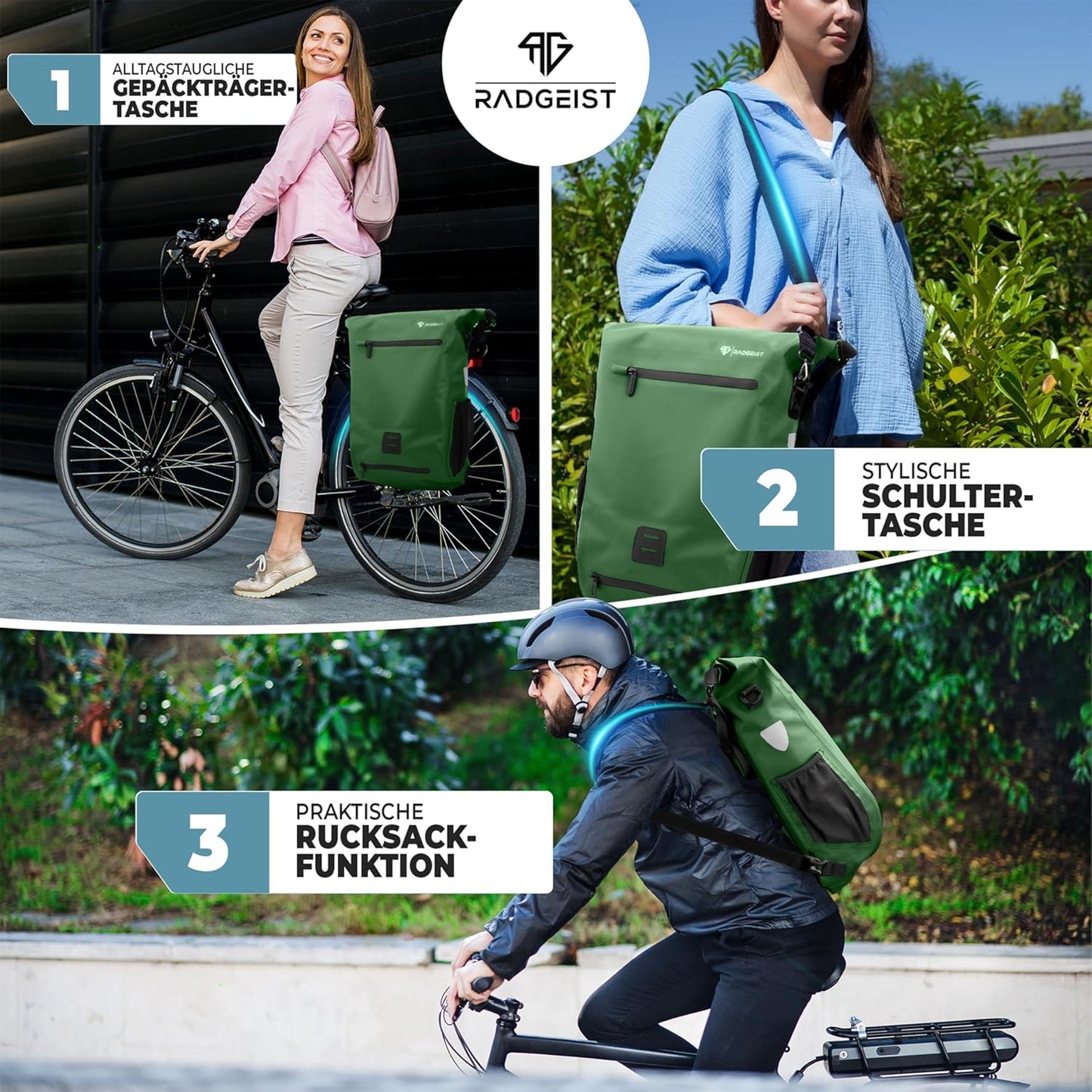 RADGEIST 3in1 bike bag for carrier I sac à vélo, sac à dos et sac à bandoulière 18-22L I sac à vélo 100% étanche vert