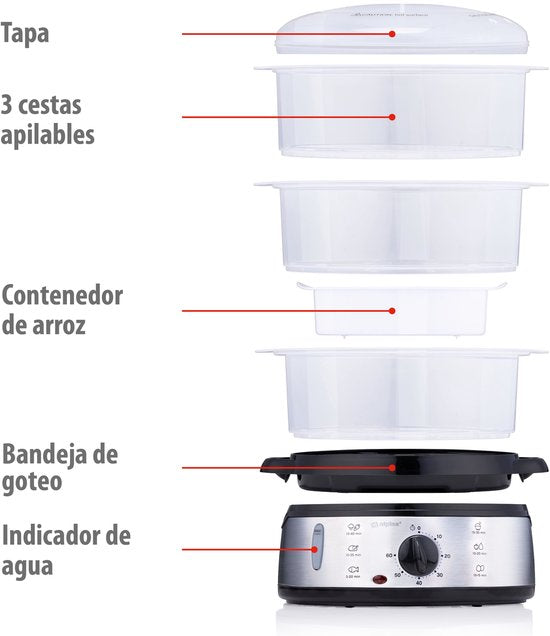 Cuiseur vapeur Alpina 9 L - Cuiseur vapeur 800 W - Cuiseur vapeur avec minuterie et fonction de maintien au chaud - Cuiseur vapeur à 3 niveaux - Cuiseur vapeur pour légumes, riz, poulet, fruits, poisson et œufs - Acier inoxydable