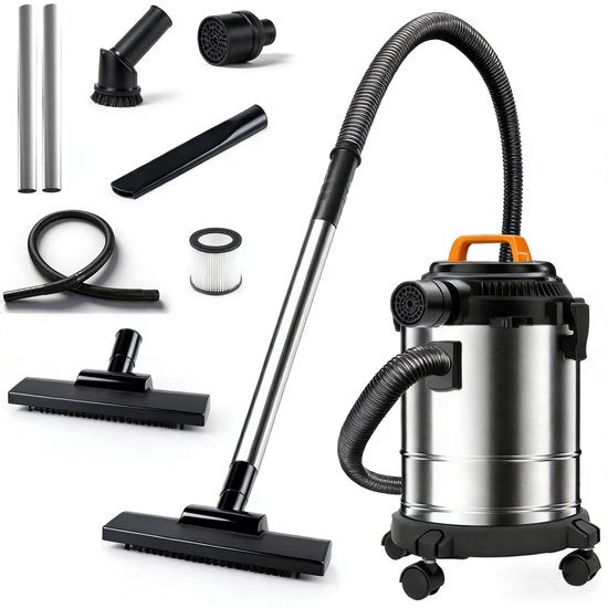 Fuegobird - Aspirateur électrique eau et poussière - Puissance de 2 000 W - Grande capacité de 18 L - Cordon de 4 m - Raccord pour soufflerie - 7 accessoires - Tuyau en plastique de 1,6 m - Filtre HEPA - Aspirateur de chantier - Aspirateur en acier inoxyd