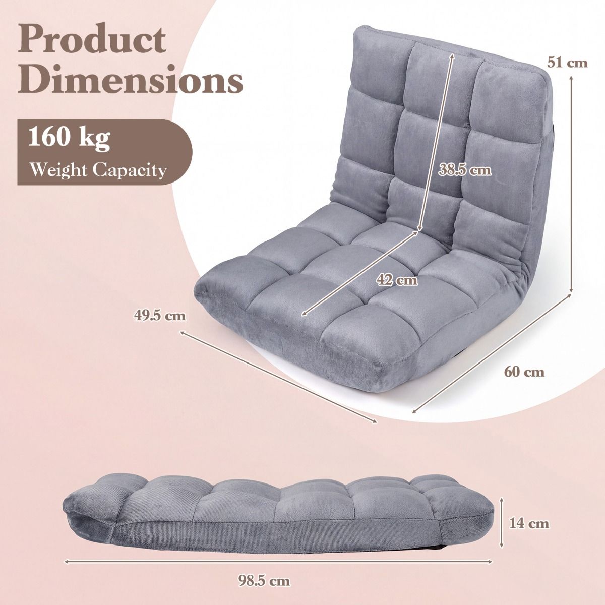 Siège de sol pliable Coast Tatami - dossier réglable sur 14 positions - mousse haute densité - gris