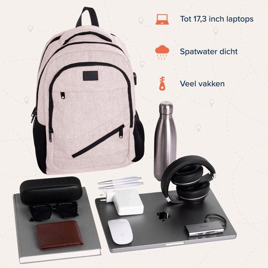 TRVLMORE Sac à dos - 36L - 17 Inch - Sac à dos pour ordinateur portable avec USB - Cartable - Homme et Femme - Sac Rose