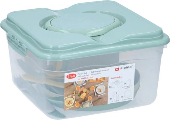 Service de pique-nique Alpina 21 pièces – Service de table pour 4 personnes comprenant des assiettes, des gobelets et des couverts – Service en plastique dans une boîte de rangement – Service de camping et service de table d'extérieur