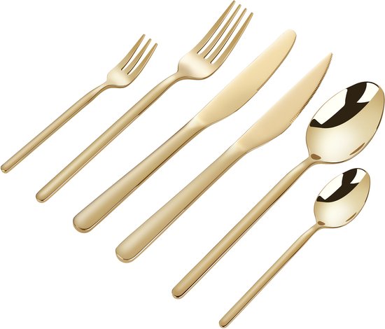 Deleca 6 Person Luxury Stainless Steel Cutlery Set Amor (36 pieces) - Spoons, Knives, Forks, Steak Knives & Pastry Forks - Lave-vaisselle - Gold Design Cutlery - 18/0 Stainless Steel