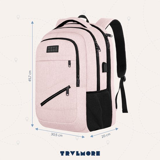 TRVLMORE Sac à dos à vie - Sac à dos avec compartiment pour ordinateur portable de 15,6 pouces - Cartable - Résistant aux éclaboussures - Hommes et femmes - Garçons et filles - 28L - Rose