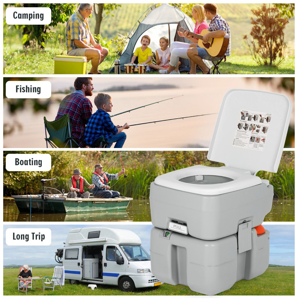 Toilettes de camping portables Coast - Réservoirs séparés - 10 L d'eau propre, 20 L d'eaux usées - Gris