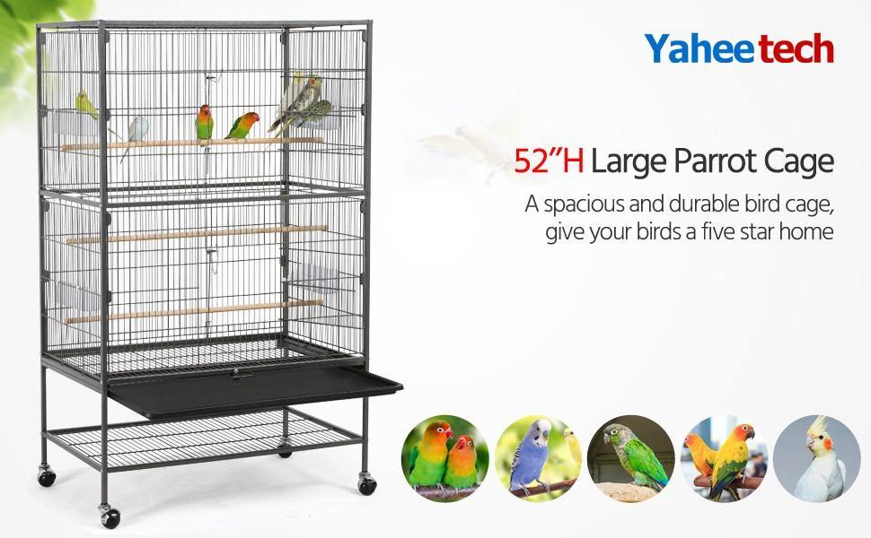 Cage à oiseaux Yaheetech 132 cm - Noire - Grande - Avec support - 3 perchoirs - 4 mangeoires - Sur roulettes