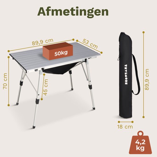 TRVLMORE Table de camping réglable - 90x52x71cm - Table pliante avec structure en aluminium - Légère - Table de camping - Table pliante - Silver