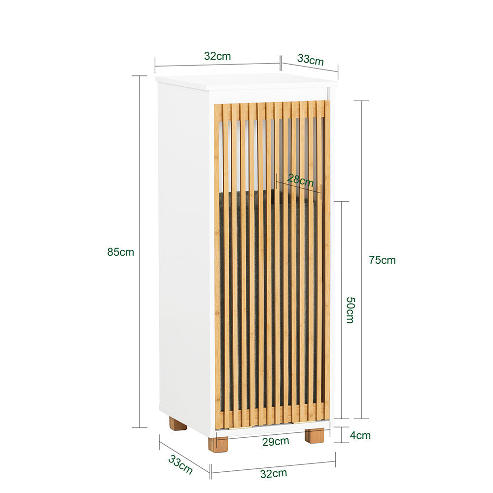 SoBuy Meuble de salle de bain sur pied - Meuble de salle de bain étroit - 1 panier à linge basculant - 1 porte en bambou - 32 x 33 x 85 cm - Blanc