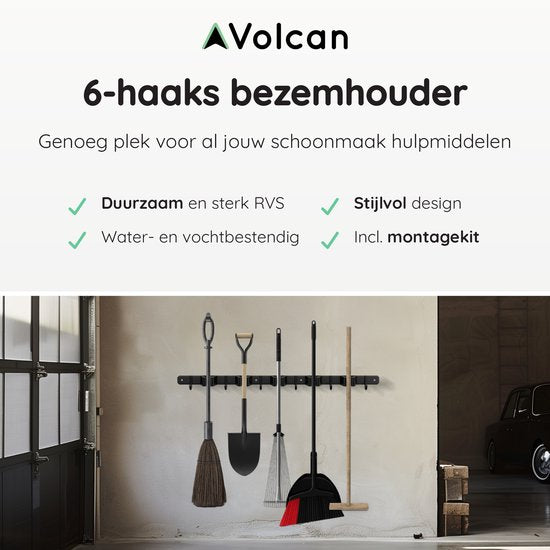 Porte balai Volcan - Système de suspension pour balai Outils de jardin - Porte-outils - Ruban adhésif 3M - 5 porte-balais 6 crochets - Acier inoxydable noir
