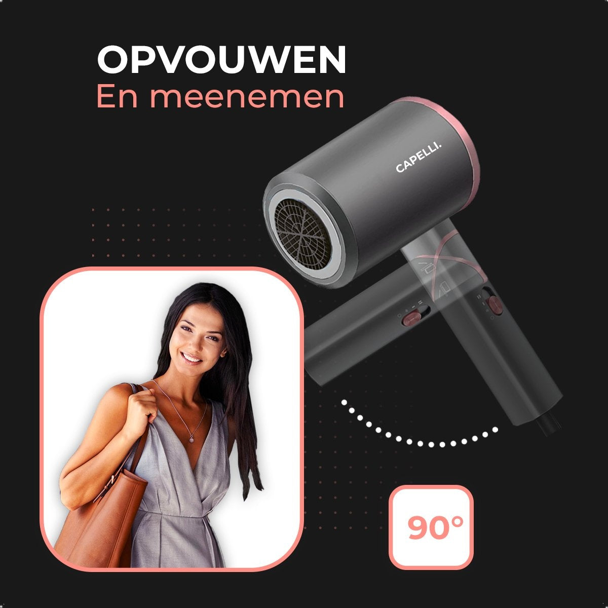 CAPELLI Sèche-cheveux avec diffuseur - Sèche-cheveux - ionique - pliable - 3 positions - Pink Gold